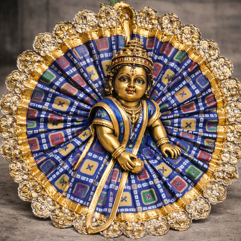 Royal Blue Geometric Gold Lace Laddu Gopal Poshak – Size 6