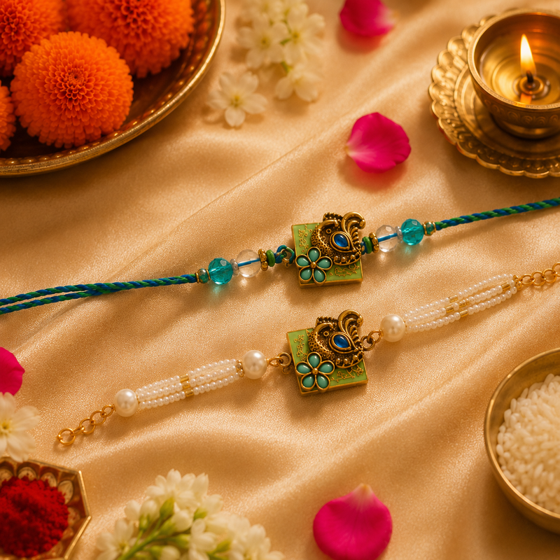 Teal Meenakari Peacock Rakhi Set with Pearl Tassel for Brother