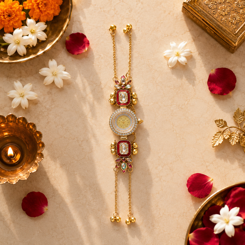 Ruby Kundan Pearl-Chain Watch Rakhi for Sister