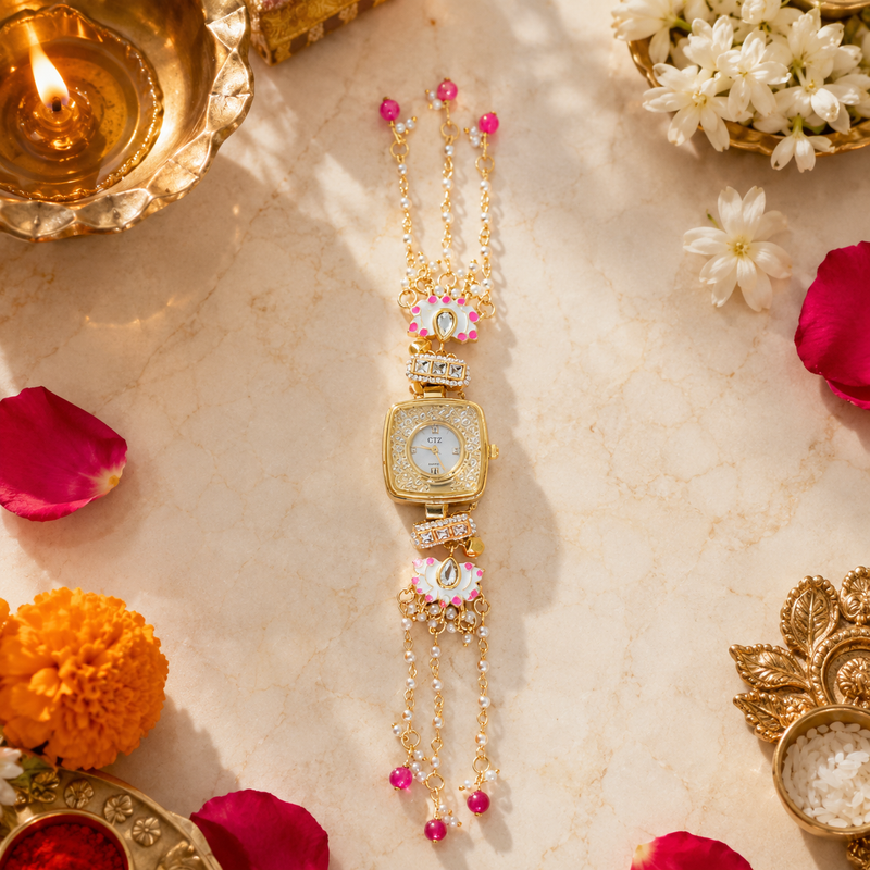 Pink Floral Pearl-Chain Watch Rakhi for Sister