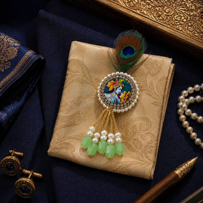 Radha Krishna Cameo Green Bead Pearl Tassel Peacock Feather Brooch
