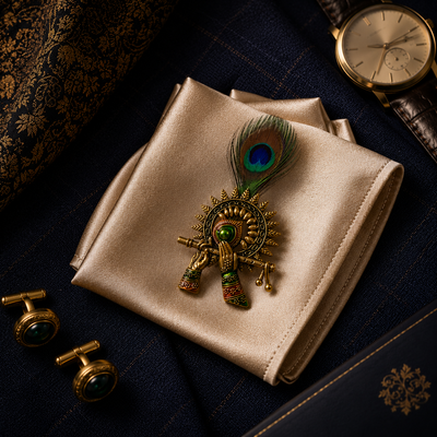 Gold Sunburst Krishna Flute Peacock Feather Lapel Pin for Groom