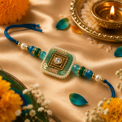 Teal Sequin Kundan Rakhi with Pearl Border for Brother