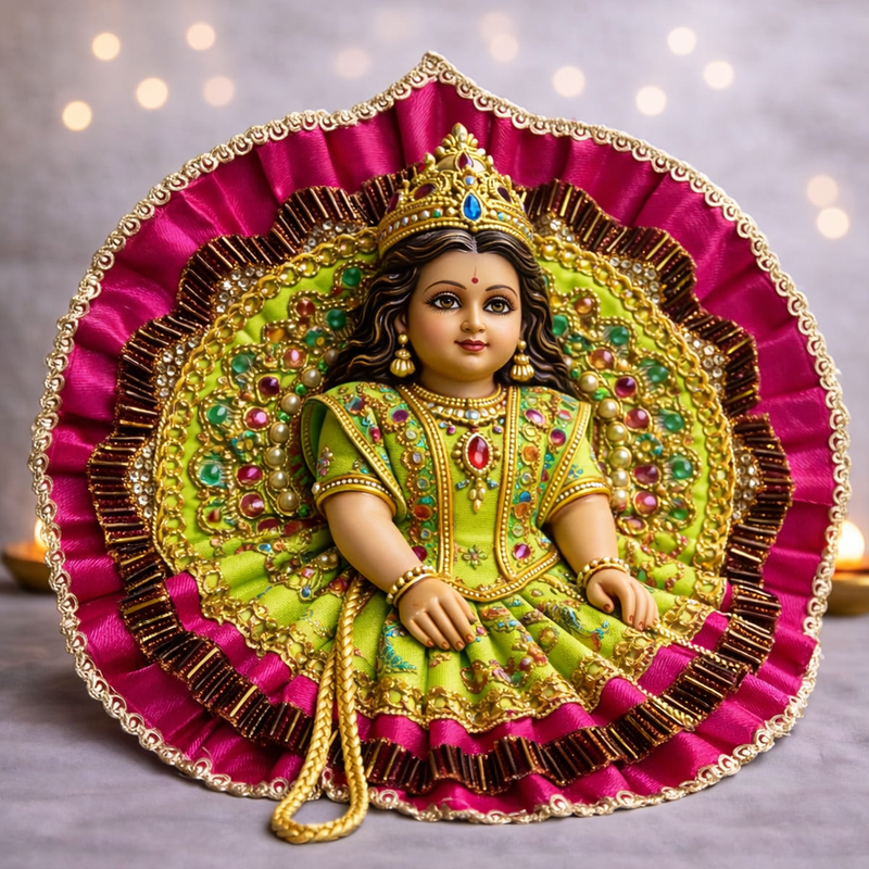 Pink Brocade Kundan Pearl Laddu Gopal Poshak – Size 1