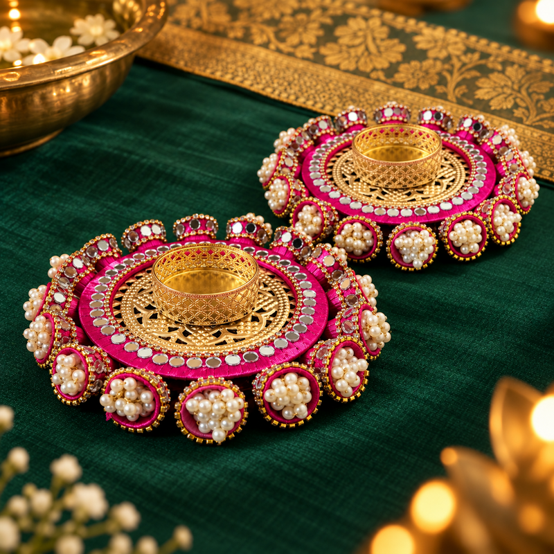 Rani Gulab Pearl Mirror Tealight Holders – Pair - Hero view