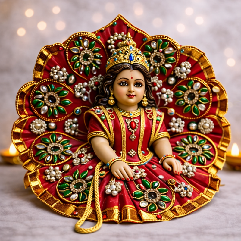 Red Green Floral Kundan Laddu Gopal Poshak – Size 1