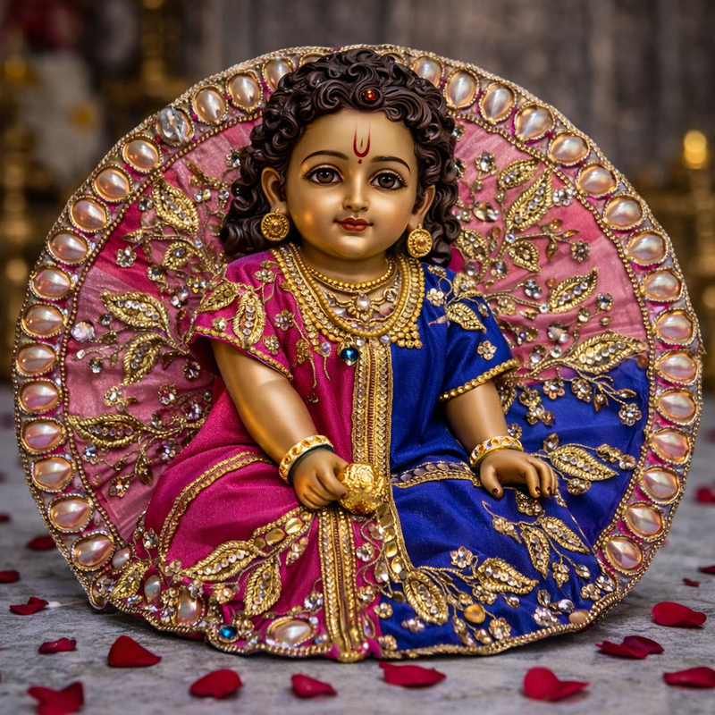Pink & Royal Blue Leaf Embroidered Laddu Gopal Poshak – Size 2