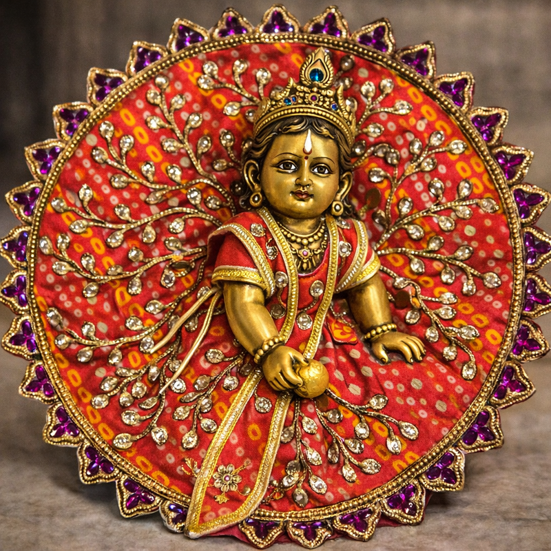 Red Bandhani Mirror Work Laddu Gopal Poshak – Size 6