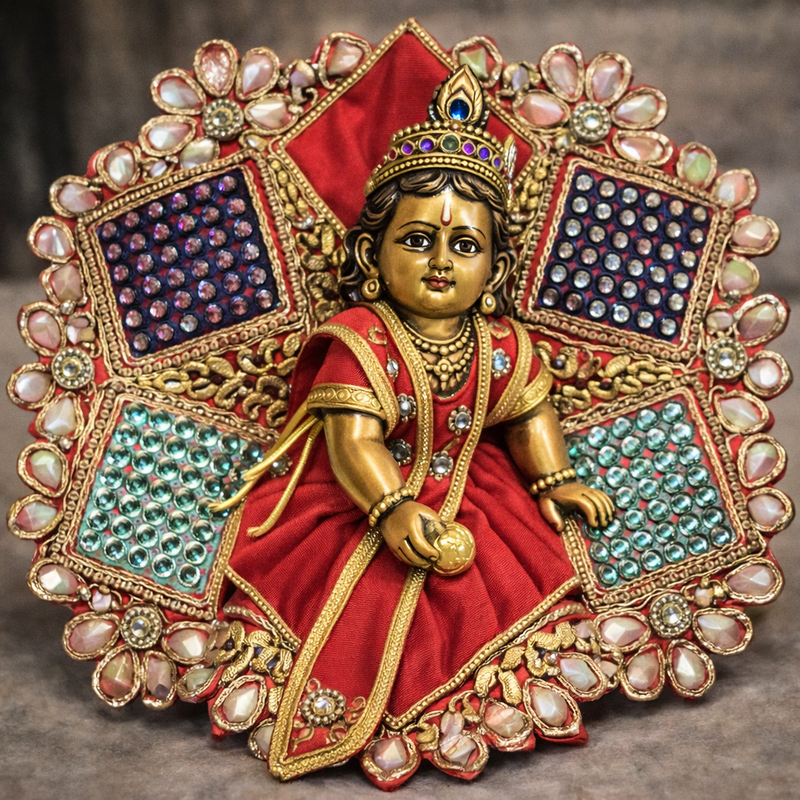 Red Kundan Mirror Work Laddu Gopal Poshak – Size 6