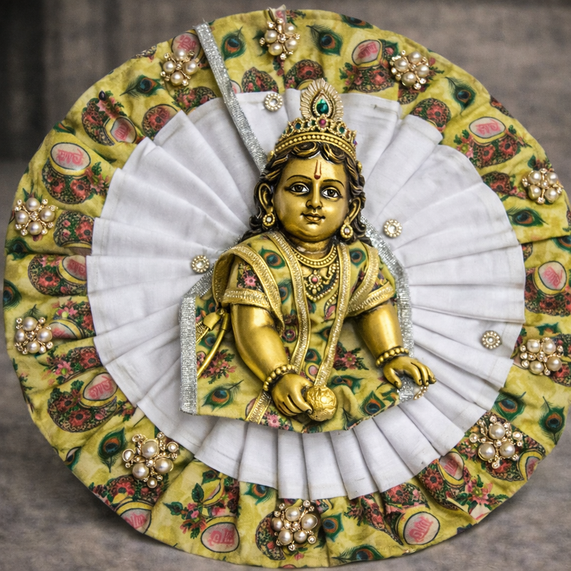 Yellow Peacock Print Pearl Laddu Gopal Poshak – Size 6