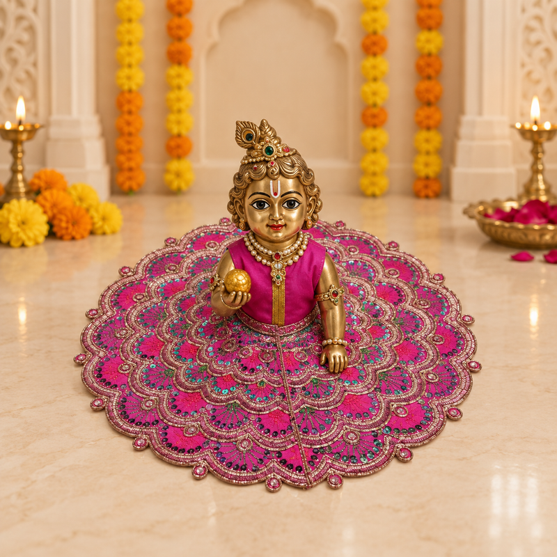 Rani Pink Multicolour Scalloped Laddu Gopal Poshak – Size 6 – Front View