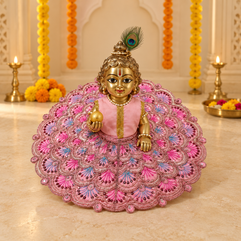 Baby Pink Multicolour Scalloped Laddu Gopal Poshak – Size 6 – Front View