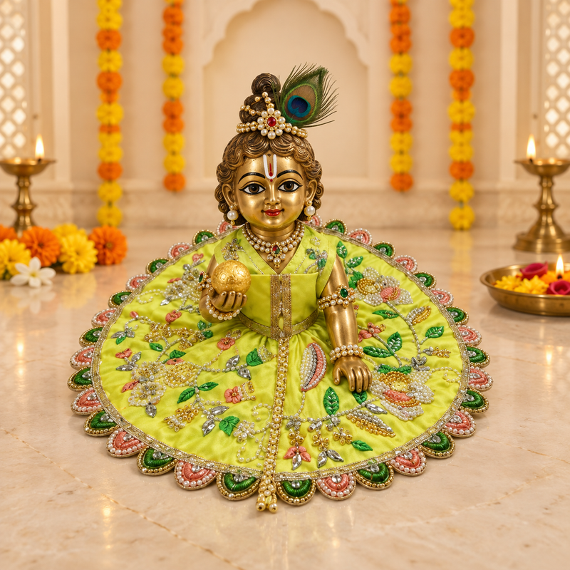 Lime Green Floral Embroidered Laddu Gopal Poshak – Size 6 – Front View