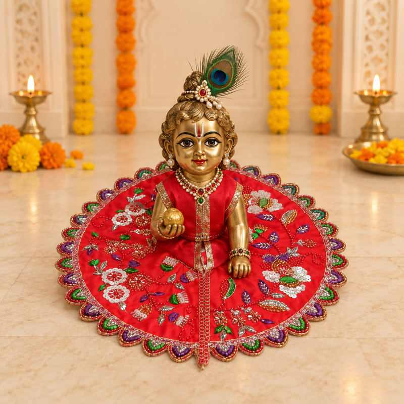 Red Multicolour Floral Embroidered Laddu Gopal Poshak – Size 6 – Front View
