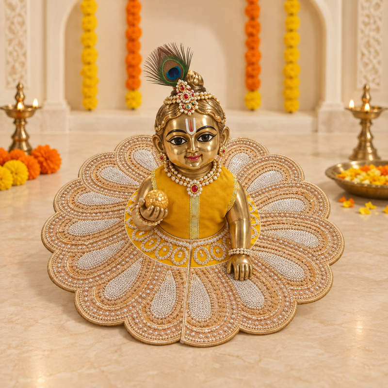 Mustard Bodice Champagne Pearl Petal Lace Laddu Gopal Poshak – Size 6 – Front View