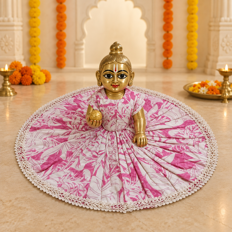 Rani Pink Leaf Print Silver Lace Laddu Gopal Poshak – Size 6 – Front View