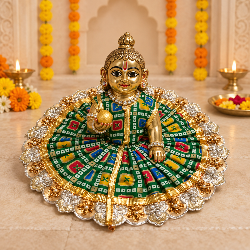 Emerald Green Multicolour Bandhani Mirror Laddu Gopal Poshak – Size 6 – Front View