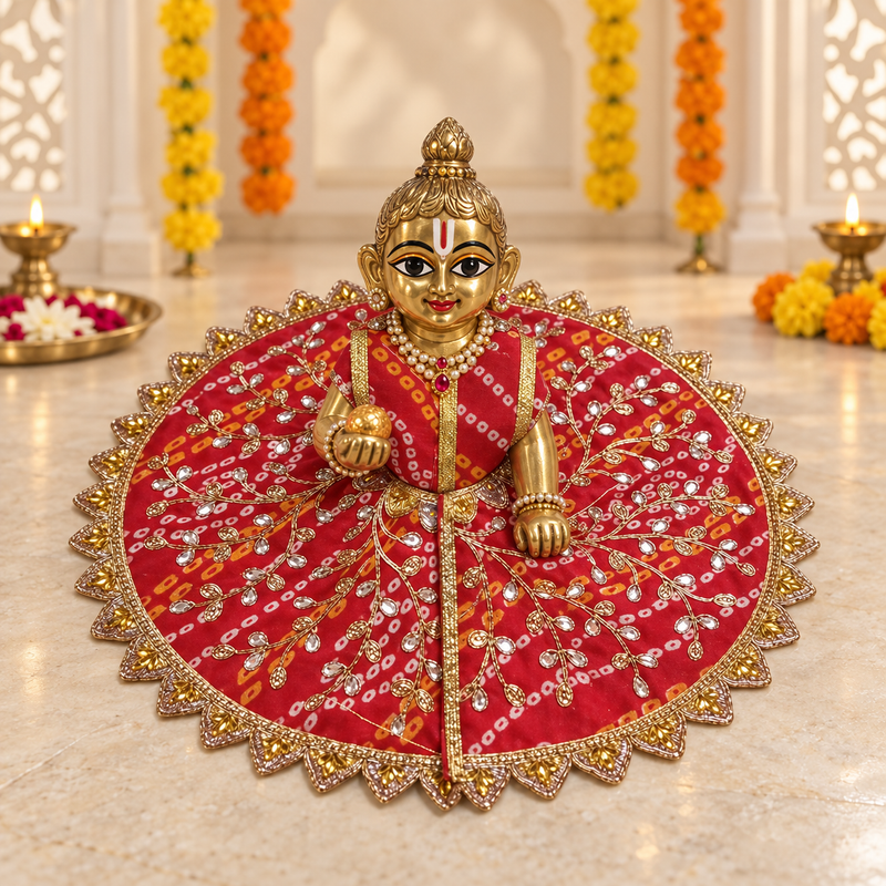 Orange Red Bandhani Floral Zari Laddu Gopal Poshak – Size 6 – Front View