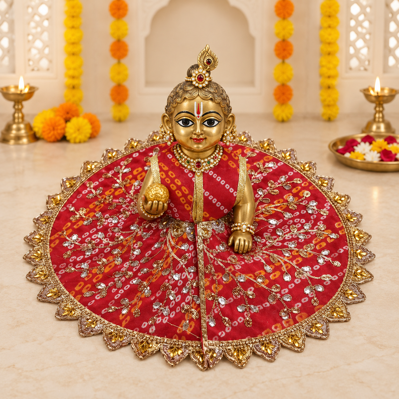Crimson Red Bandhani Floral Zari Laddu Gopal Poshak – Size 6 – Front View