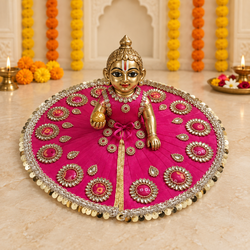 Rani Pink Kundan Medallion Laddu Gopal Poshak – Size 6 – Front View