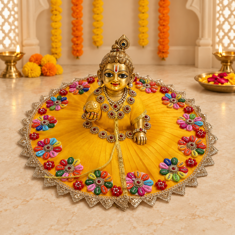 Mustard Navrang Floral Rosette Laddu Gopal Poshak – Size 6 – Front View