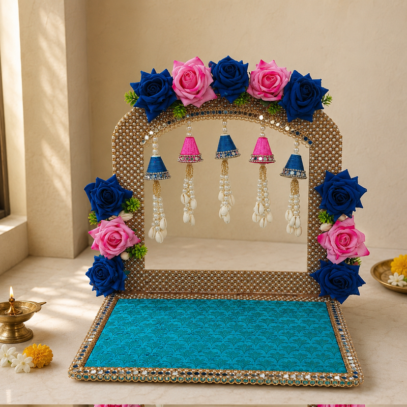 Royal Neel & Gulabi Rose Pearl Mandir Backdrop Set – view 6