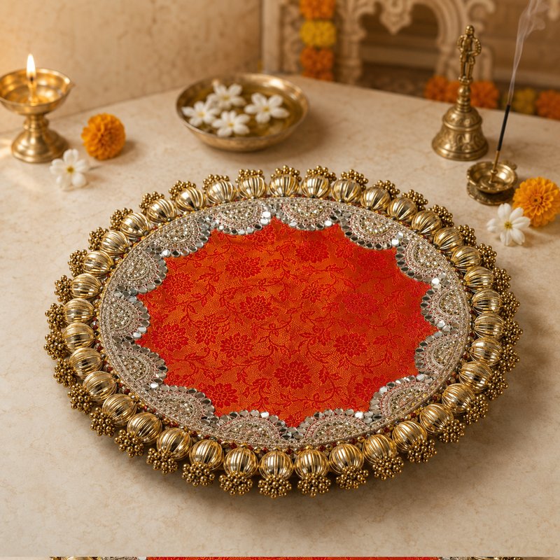 Kesari Brocade Kundan Bead Pooja Thali – view 1