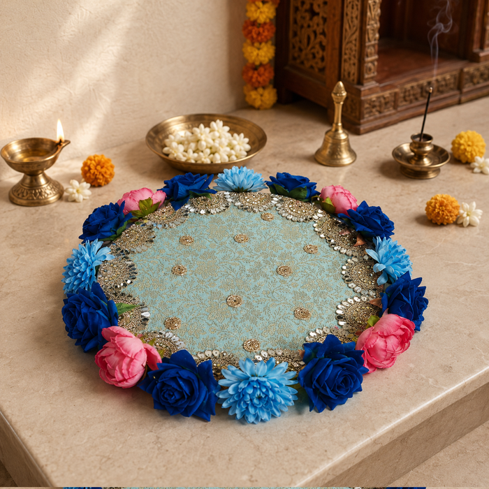 Aqua Floral Mirror-Work Pooja Thali