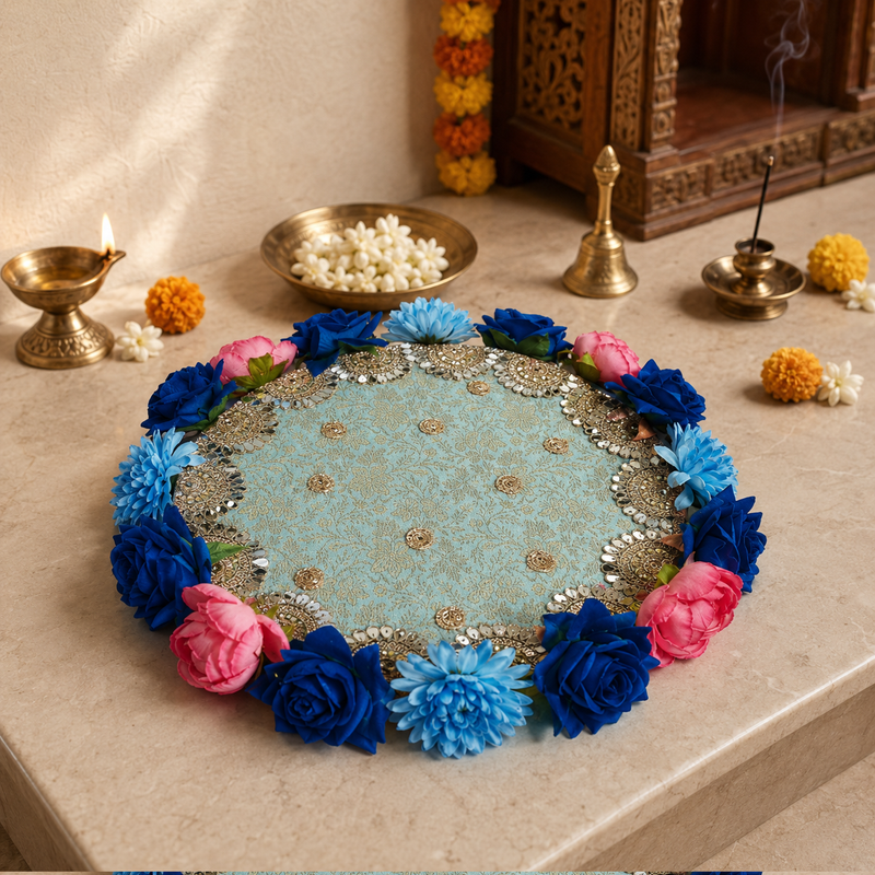 Aqua Floral Mirror-Work Pooja Thali – view 1