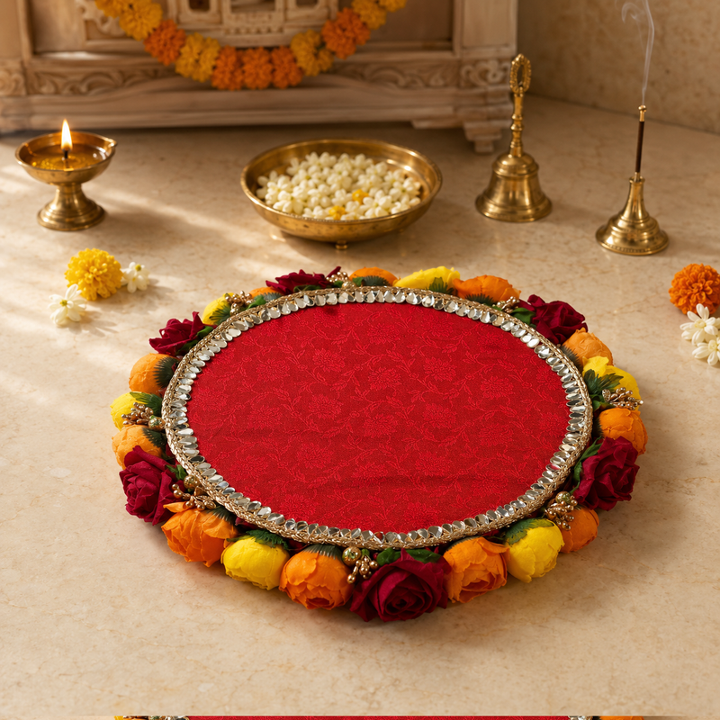 Sindoor Red Floral Mirror-Work Pooja Thali – view 1