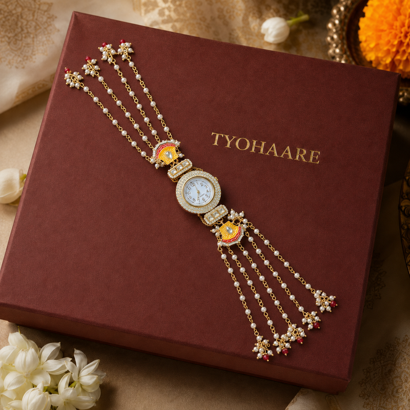 Royal Ivory Dial Kundan Watch Rakhi for Brother