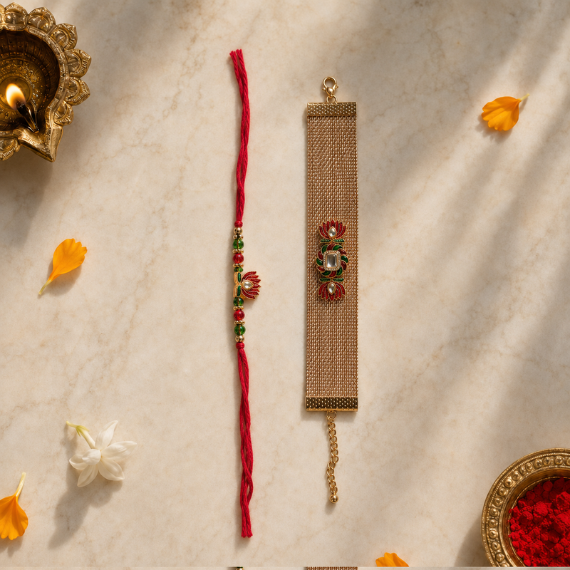 Lotus meenakari Rakhi and bracelet set for brother - view 1