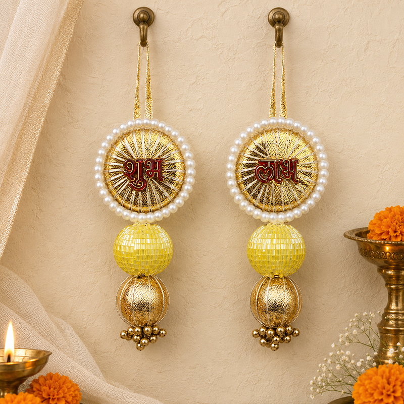 Yellow gold pearl Shubh Labh latkan – view 1