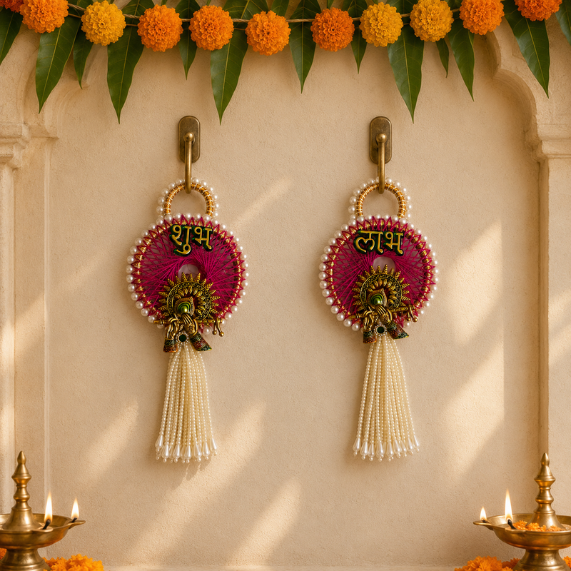 Peacock motif Shubh Labh pearl hanging – view 1