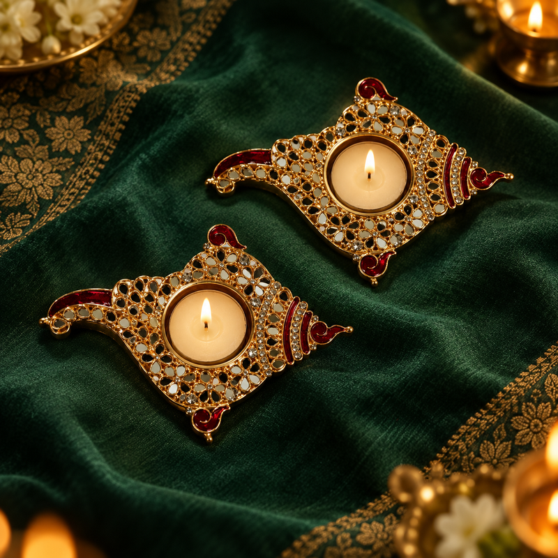 Rajsi Red & Gold Angular Metal Tealight Holders – Pair - Hero view