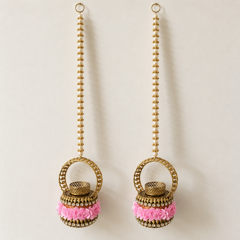 Pink Rose Antique Gold Diya Hanging Pair – overall view