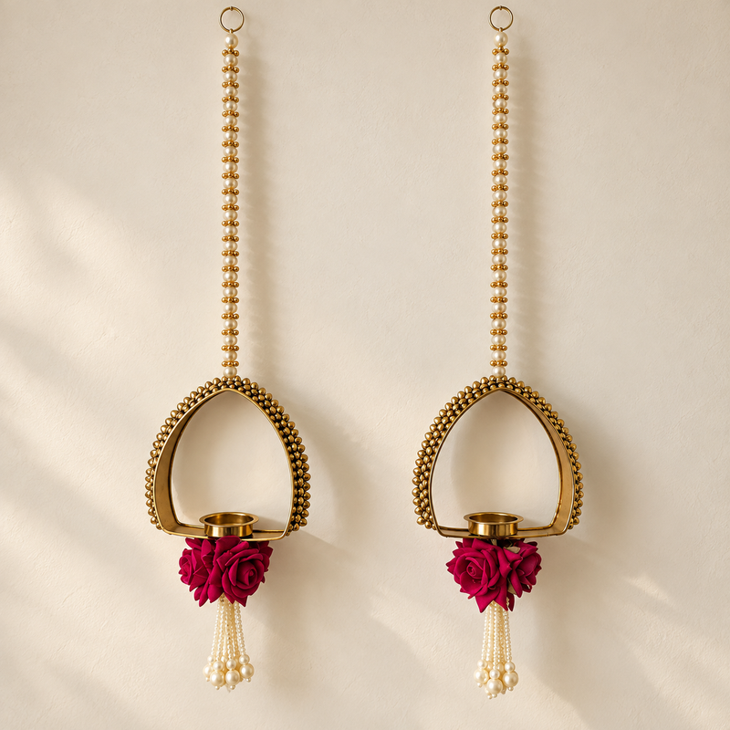 Red Rose Gold Diya Hanging Pair – overall view