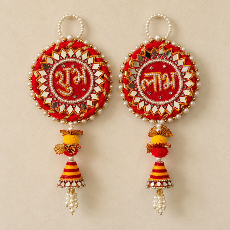 Red Mirrorwork Shubh Labh Hanging – Pair, view 1