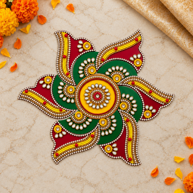 Hari Laal Chakra Kundan Rangoli — overhead view