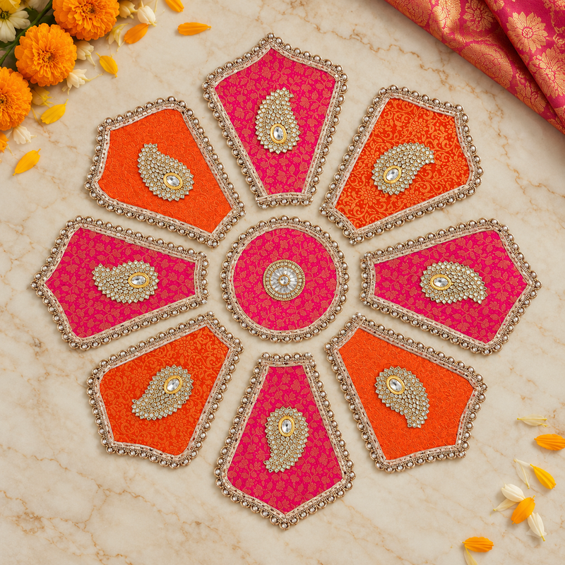 Gulabi Kesari Brocade Kundan Rangoli Set — overhead view