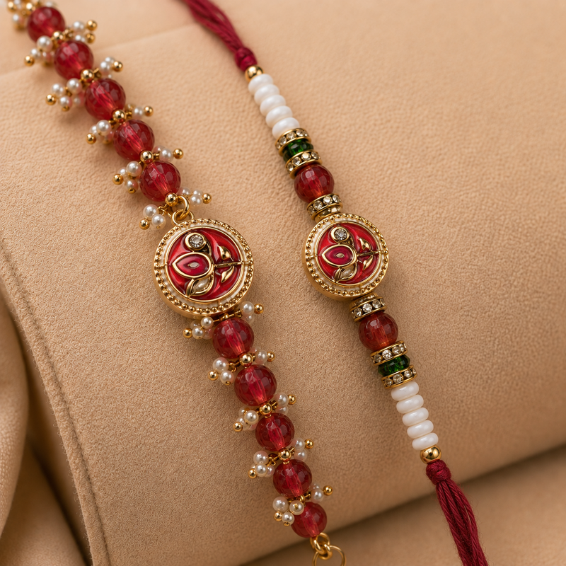 Ruby Red Lotus Meenakari Rakhi & Beaded Bracelet Set for Brother - image 1