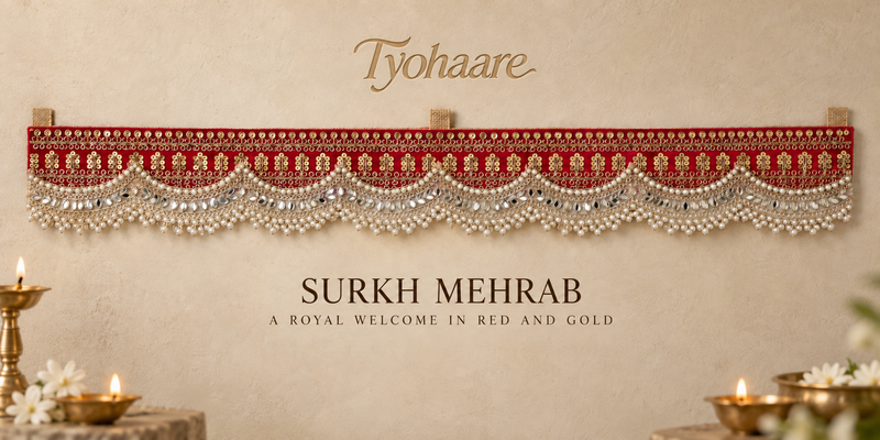 Surkh Mehrab red gold mirror and pearl toran – complete front view