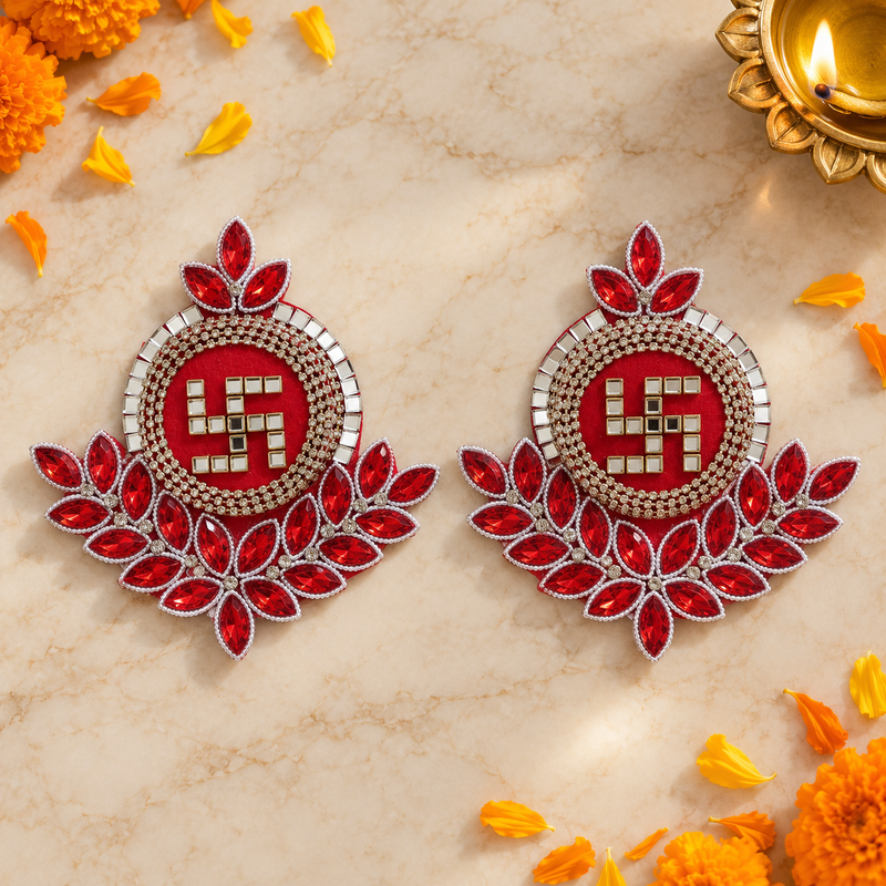 Crimson Crystal Swastik Decorative Pair overhead view