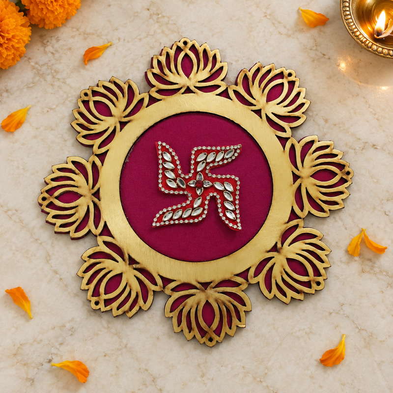 Magenta Lotus Swastik Rangoli overhead view