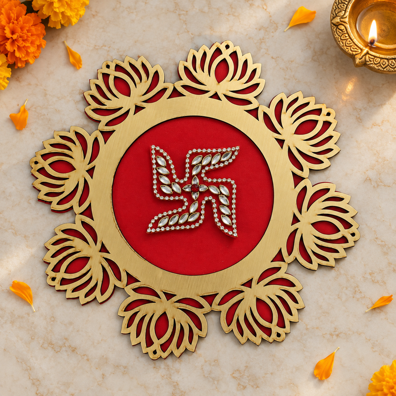 Red Lotus Swastik Rangoli overhead view