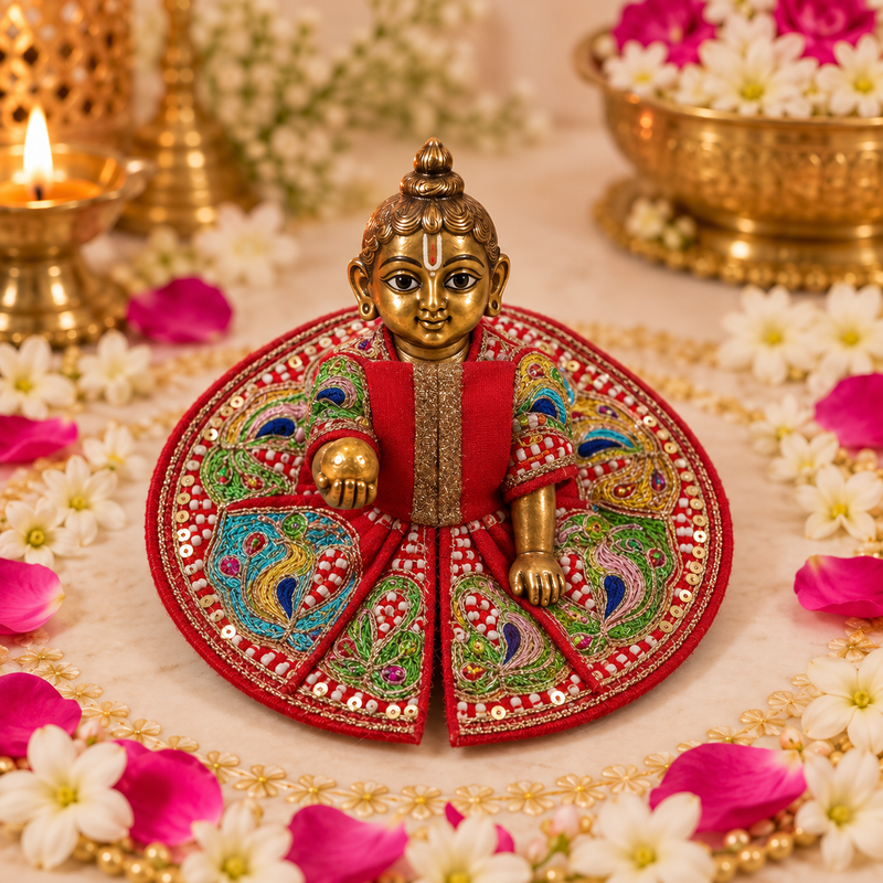 Ruby Multicolour Peacock Pearl Size 0 Laddu Gopal Poshak front view