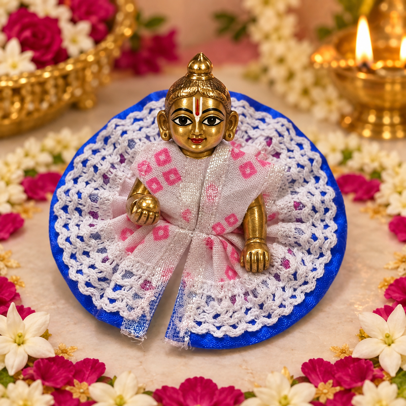 Royal Blue Pink Crochet Halo Laddu Gopal Poshak – Size 0 front view