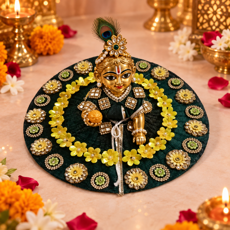 Black Yellow Floral Crystal Laddu Gopal Poshak – Size 5 – three-quarter view