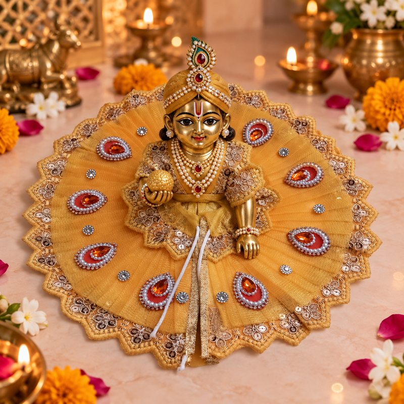 Mustard Paisley Crystal Laddu Gopal Poshak – Size 5 – front view
