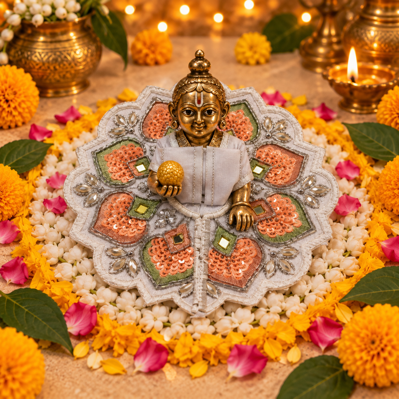 Peach Silver Floral Mirror Laddu Gopal Poshak – Size 3 – Front View